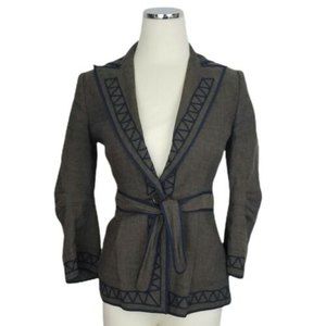 BCBG MaxAzria Sz XS Brown Navy Embroidered Linen Blend Tie Waist Blazer Jacket